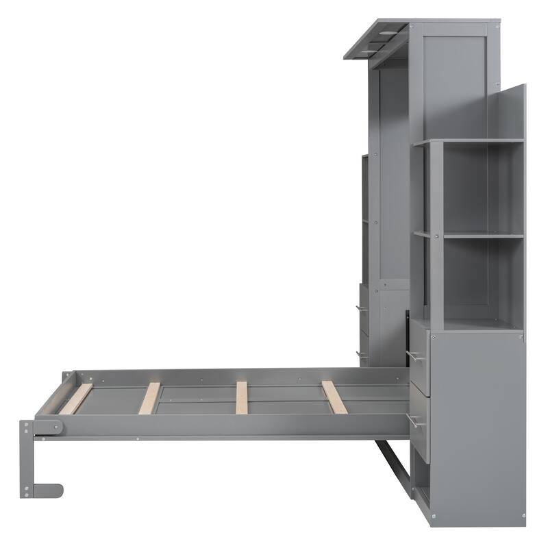 Murphy Bed Foldable Bed with Two 4-Layer Shelves Space Optimizing Wall Bed with 4 Drawers and LED Lights for Bedroom Apartment