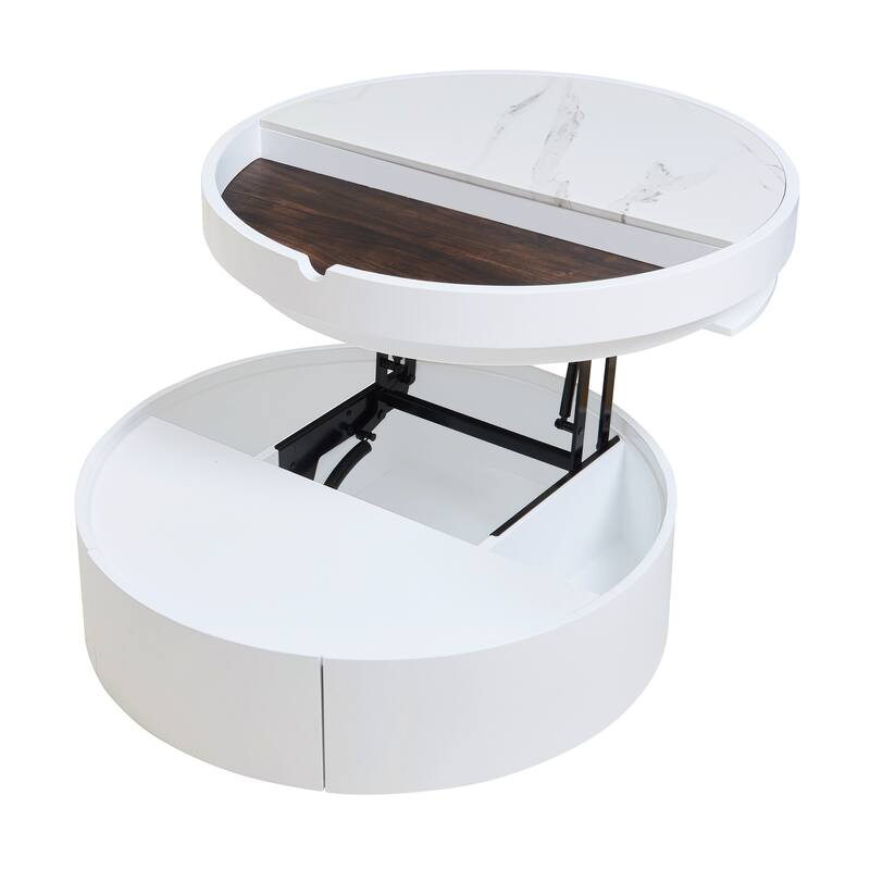 Small Lift-Top Round Coffee Table, Dual-Tone Table with Faux Marble & Wood Grain Top, Compact Center Table with Hidden Storage