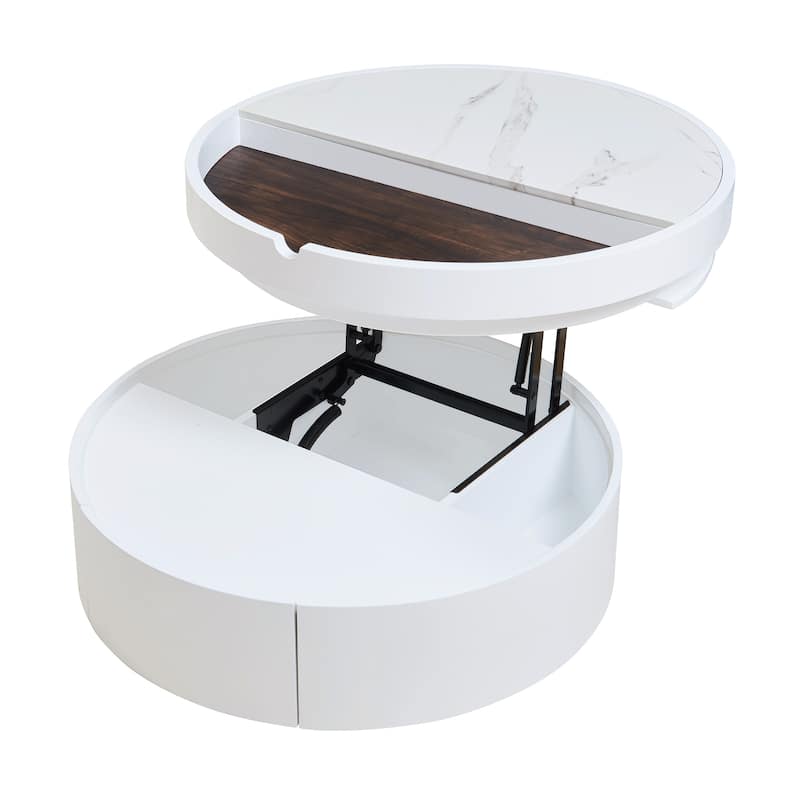 White Round Lift Coffee Table with 1 Drawer in 29.5", Marble and Wood Grain Tabletop