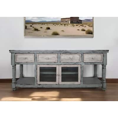 HomeRoots 70" Blue and White Solid Wood Open shelving Distressed TV Stand - 70' X '34.75' X '19