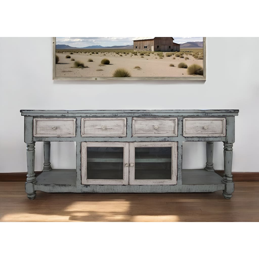 HomeRoots 70" Blue and White Solid Wood Open shelving Distressed TV Stand - 70' X '34.75' X '19