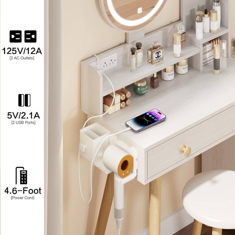 Round Mirror Bedside Cabinet Vanity Table + Cushioned Stool, With 2 AC Power + 2 USB socket, 17" diameter LED Mirror