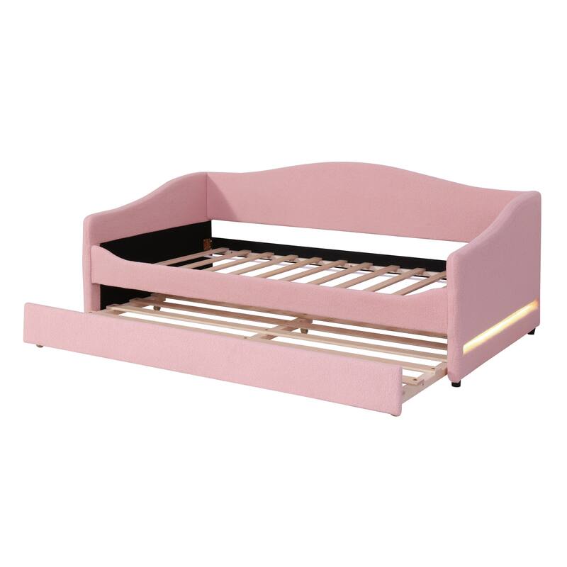 Pink Twin Size Upholstered Daybed with Light Stripe Design and Trundle