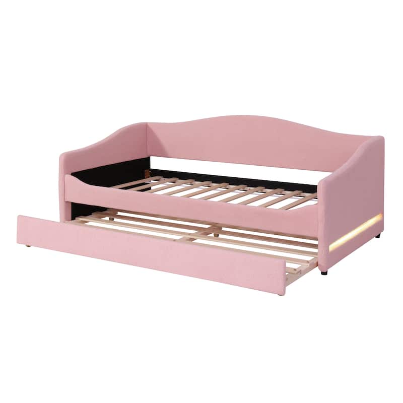 Teddy Fleece Twin Size Upholstered Daybed with Light and Trundle