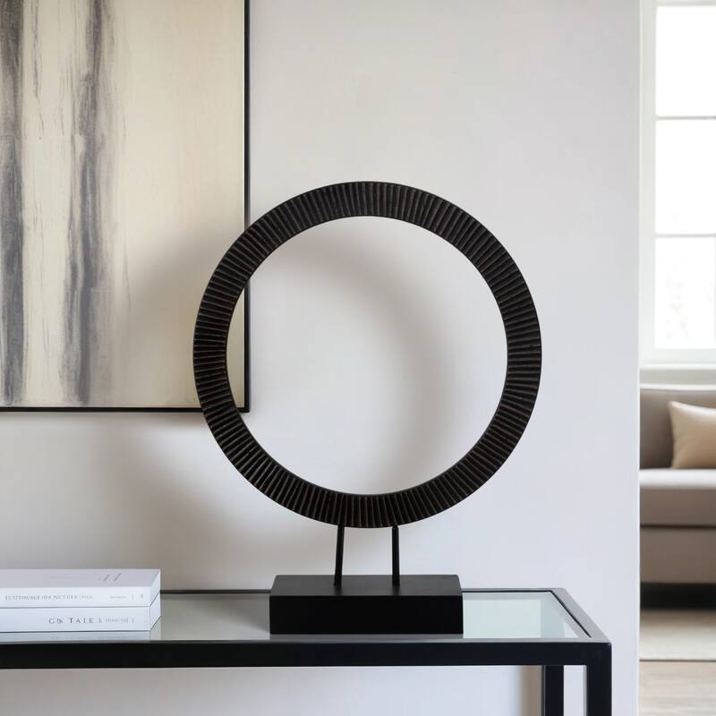 Wood and Iron Ring Sculpture on Base with Modern Grooved Texture - 18" x 4" x 23"