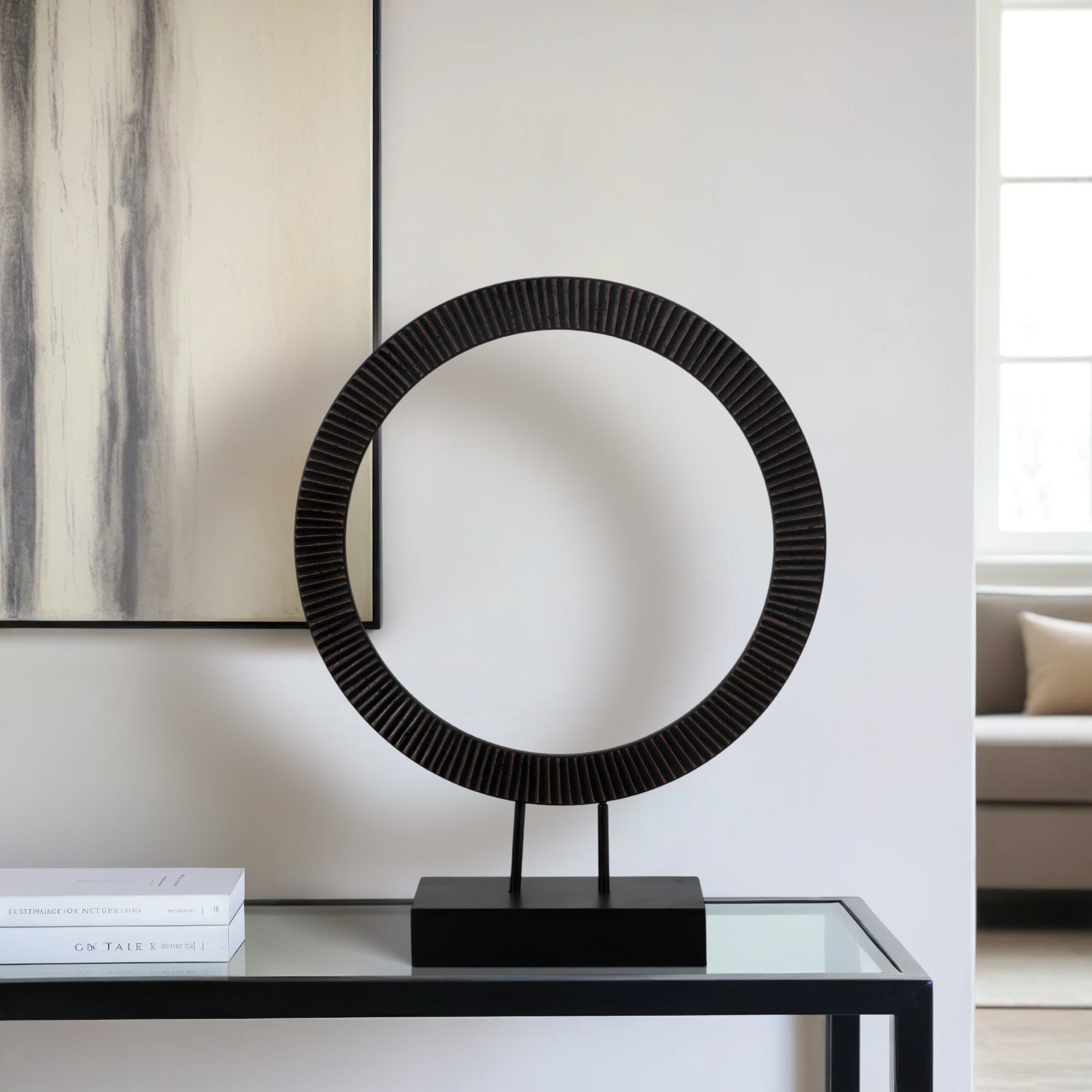 Wood and Iron Ring Sculpture on Base with Modern Grooved Texture