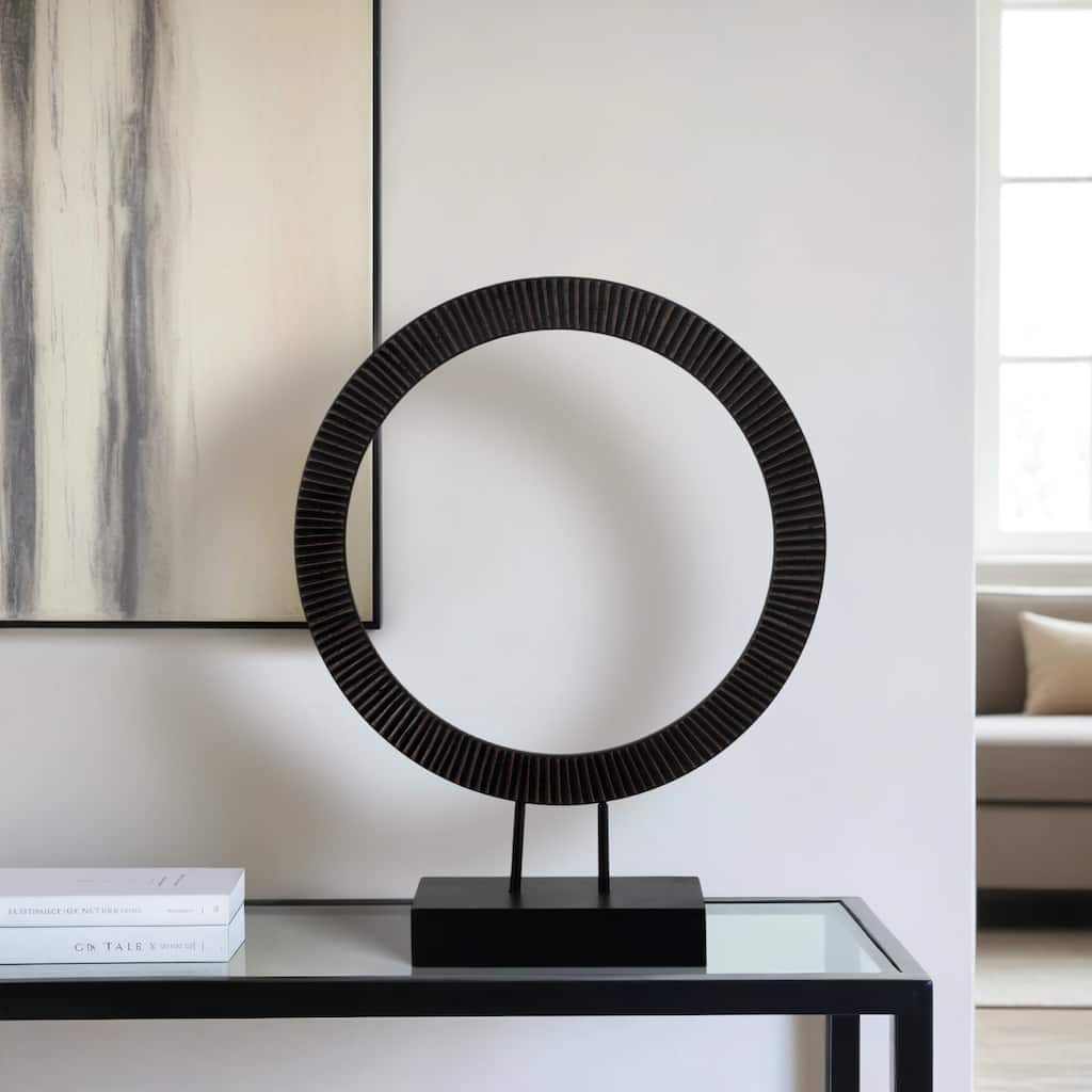 Wood and Iron Ring Sculpture on Base with Modern Grooved Texture