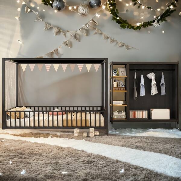slide 2 of 9, Versatile Full Size Floor Bed Metal Frame with Wardrobe Black