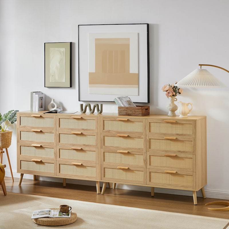 Bedroom dresser,8 Double Dresser with rattan drawers, wood chest of drawers, 47.2''W x 15.8''D x 37.4''H