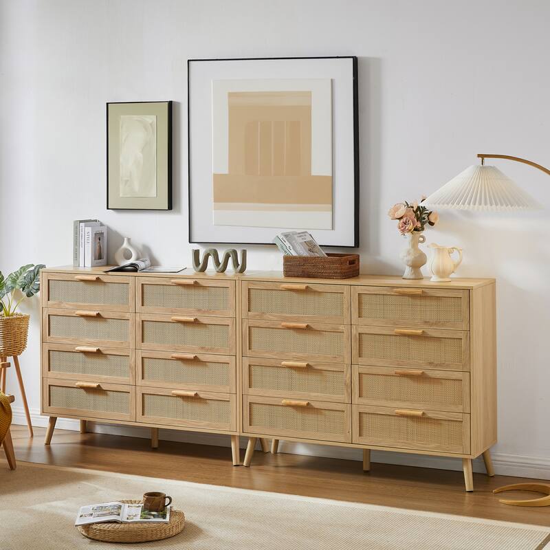 Modern Stylish Double Dressing Drawers with 8 Rattan Drawers, for Childrens Room Living Room Entryway Hallway