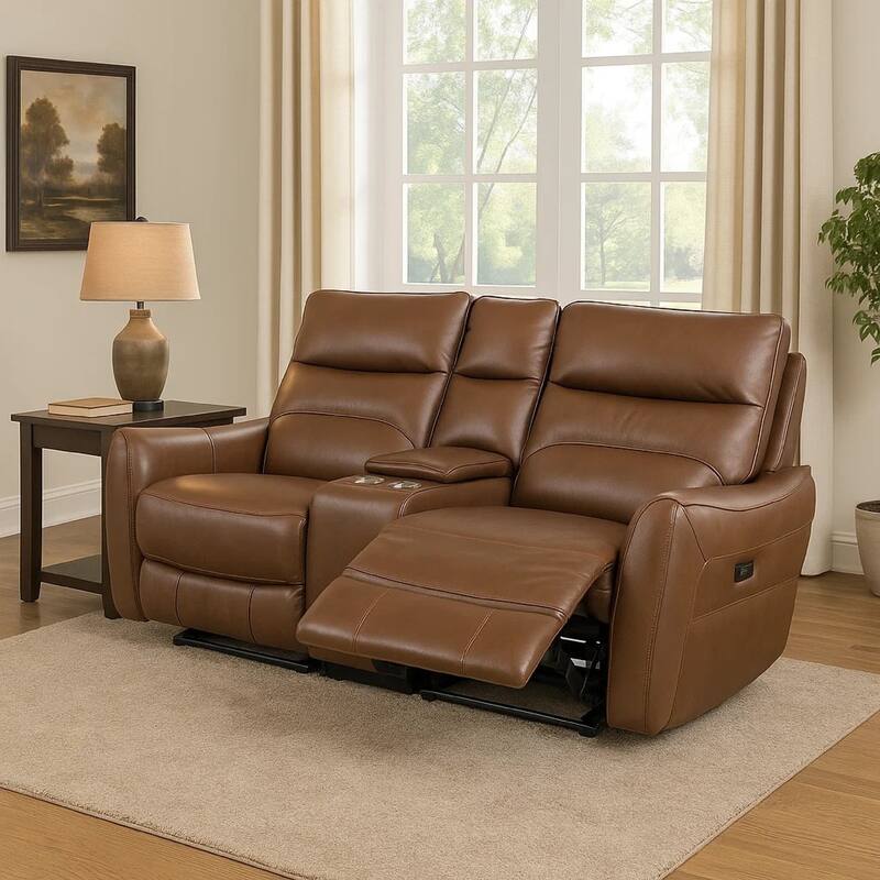 Teren Power Recliner Loveseat, 63 Inch, Brown Grain Leather, Cupholders