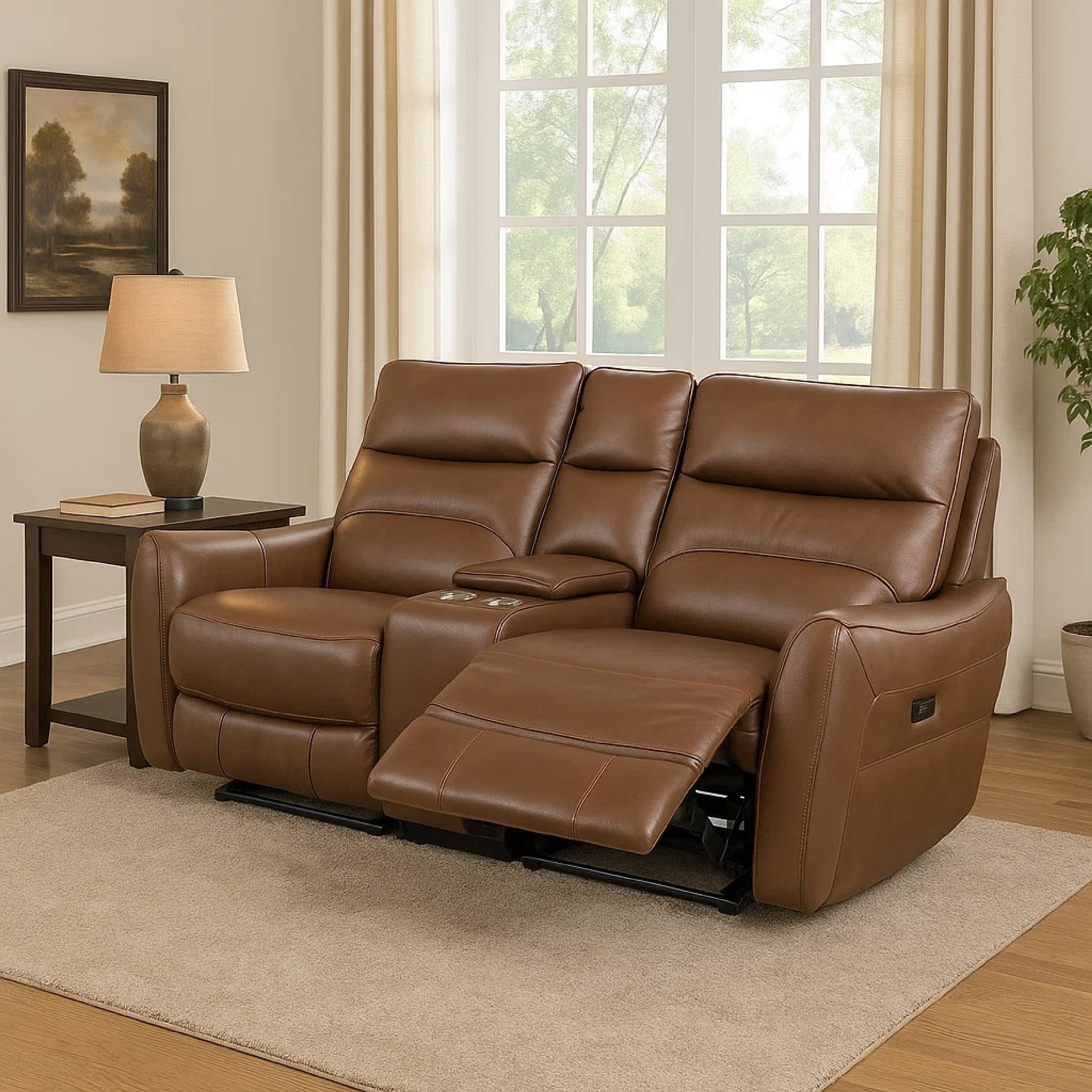 Teren Power Recliner Loveseat, 63 Inch, Brown Grain Leather, Cupholders