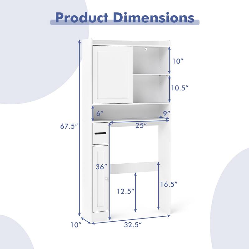 White MDF Over-the-Toilet Storage Cabinet with Sliding Door Adjustable Shelves and Toilet Paper Holder - 32.5" x 10" x 67.5"