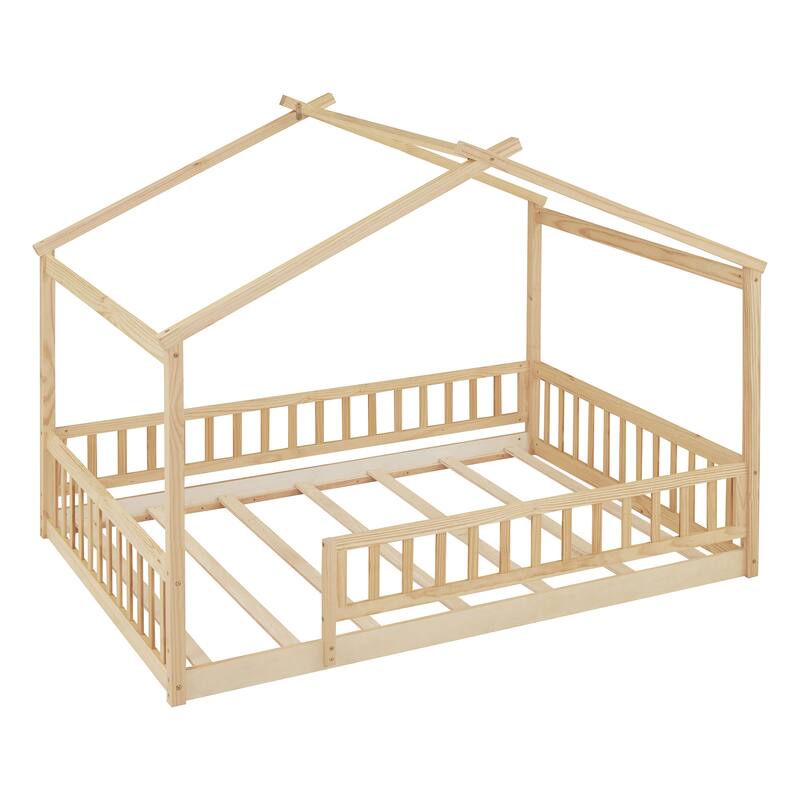 Full Size Wood Bed House Bed Frame with Fence, for Kids, Teens, Girls, Boys, Natural