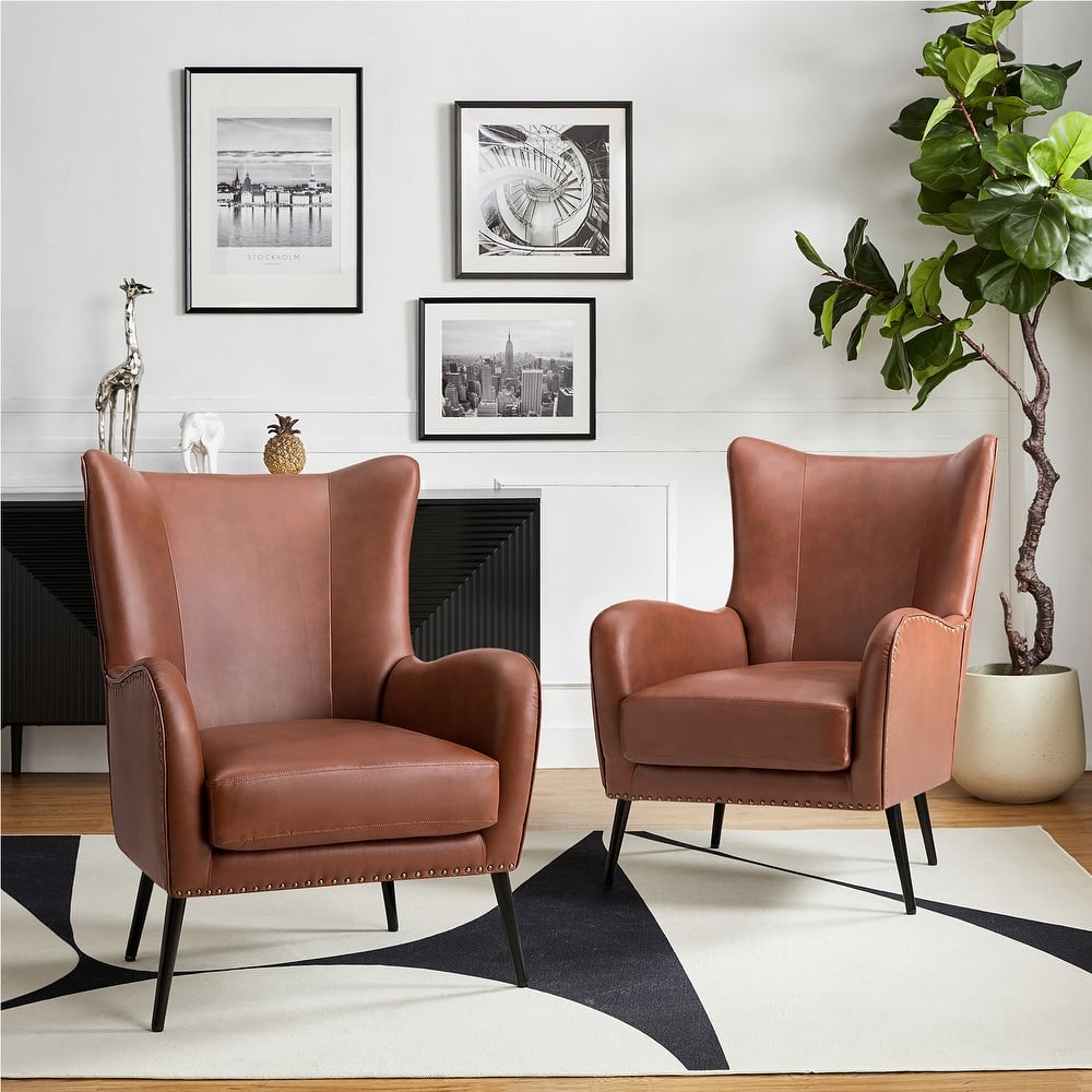 Invidiae Glam Faux Leather Wingback Armchair with Metal Legs Set of 2 by HULALA HOME