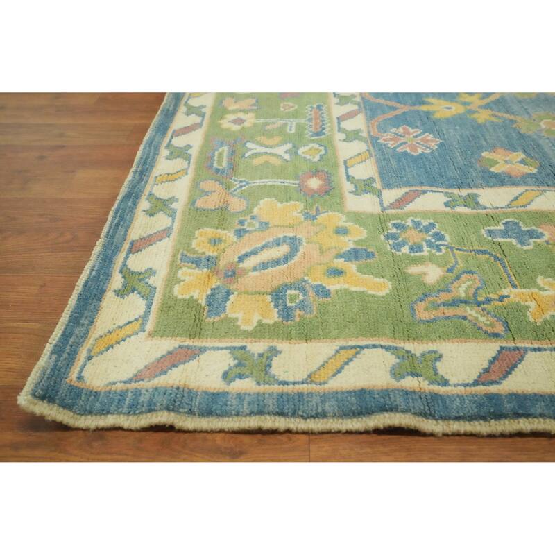 Vegetable Dye Blue Oushak Turkish Area Rug, Floral Geometric Carpet - 11' 9'' X 9' 5''