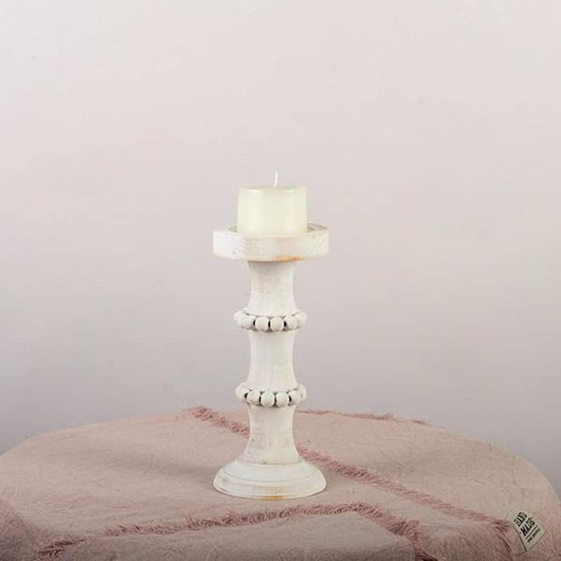Washed White Wood With Beads Column Candle Holder