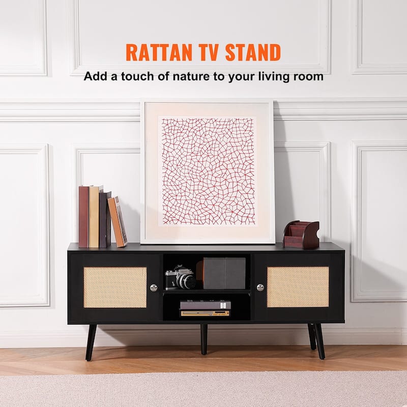 Mid Century Modern Rattan TV Console for Living Room and Media Room - Black