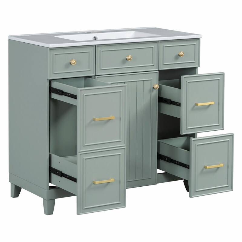 36" Bathroom Vanity with Ceramic Sink, Blue, Solid Wood Frame, Soft-Close Doors, Adjustable Shelves