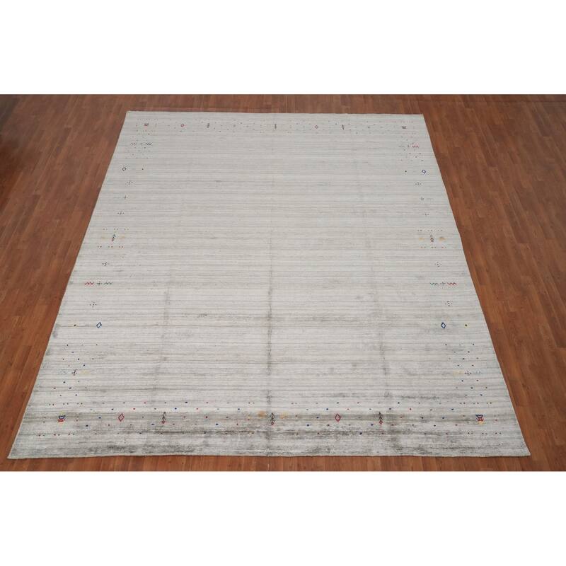 Hand Knotted Oriental Viscose Silk Carpet Tribal Animal Pictorial Greys & Charcoal Gabbeh Area Rug - 11' 10'' X 10' 2''