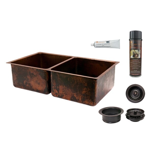 Premier Copper Products KSP3_K50DB33199 33" Double Basin Drop In / Undermount 14-Gauge Copper Kitchen Sink with Matching Drain