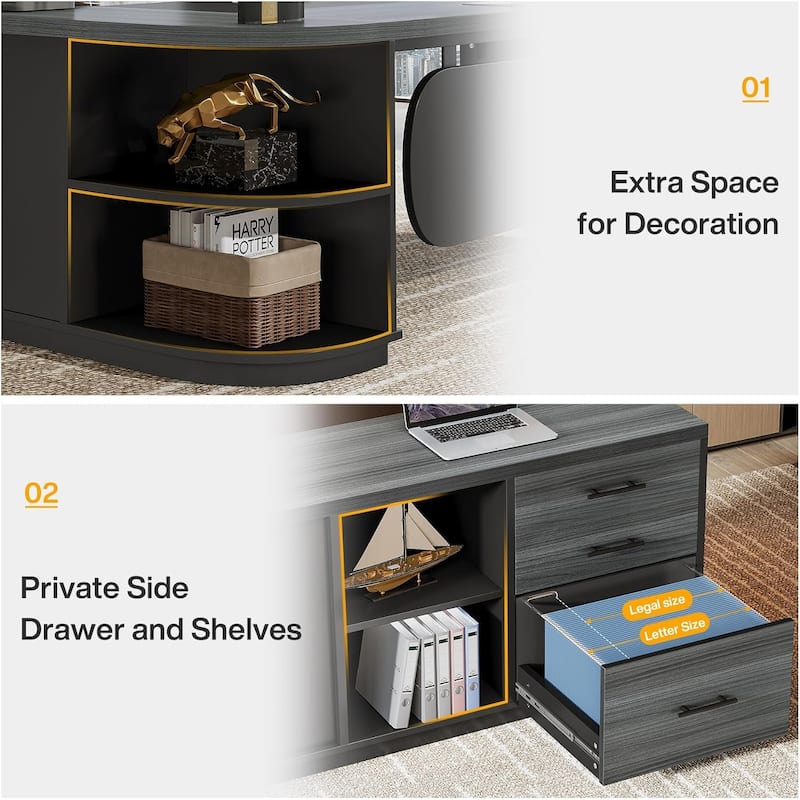 80'' Executive Desk, L-Shaped Office Table with 55'' Cabinet