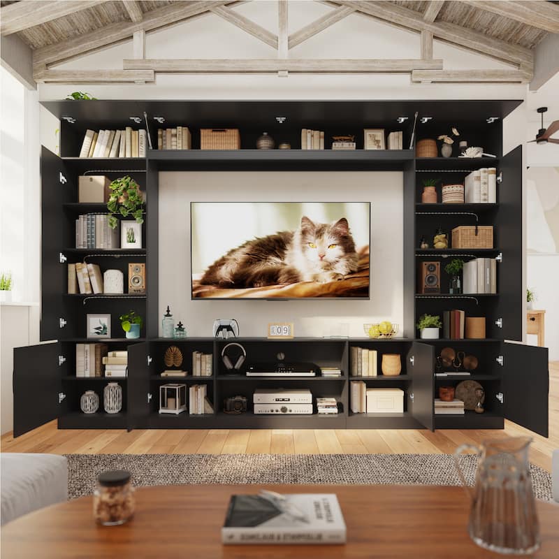 EROMMY 112" Wall Unit TV Stand with LED Lights, Bookshelves and Storage Cabinets for Living Room