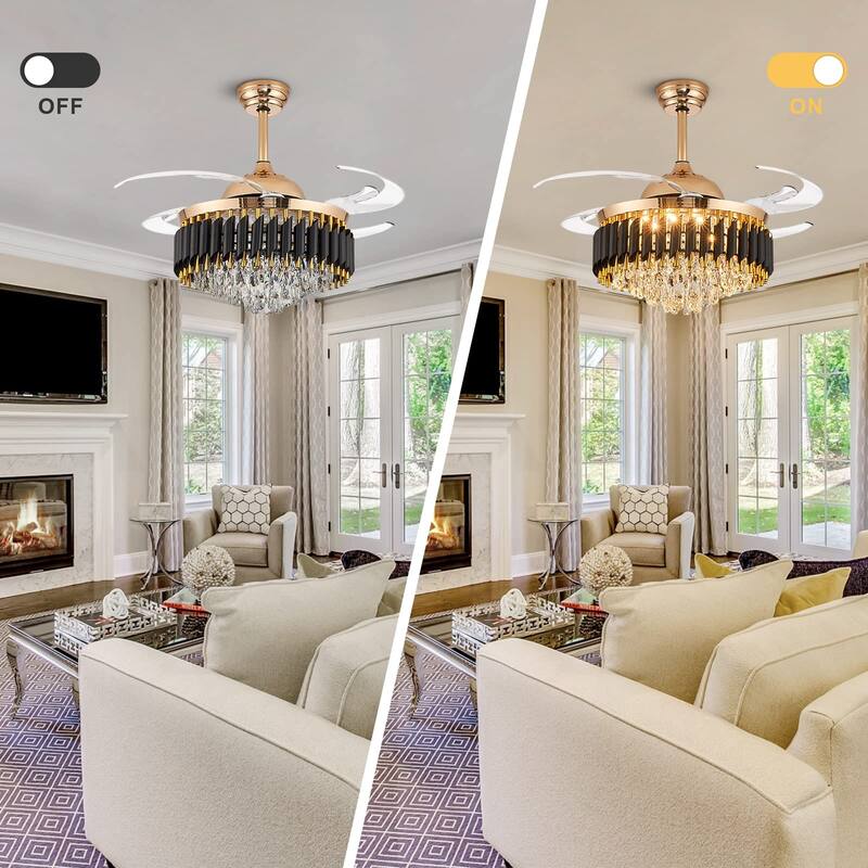Modern Gold Black Retractable Crystal Ceiling Fan With Lights, Dimmable LED Luxury Chandelier Ceiling Fan With Remote Control