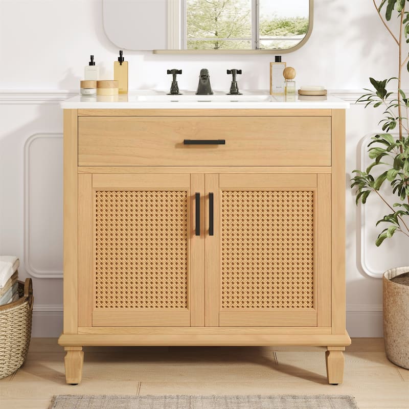 36" Rattan Bathroom Vanity with Ceramic Sink