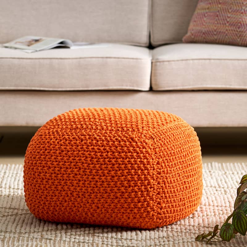Roomfitters Handwoven Square Pouf Ottoman, Textured Cotton Knit Floor Cushion, Cozy Footrest or Seat