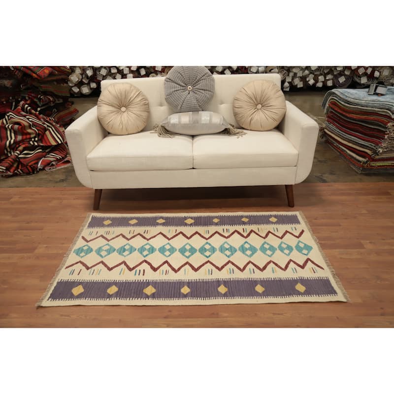 Hand Woven Oriental 100% Wool Carpet Southwestern Tribal Beige & Ivories Kilim Area Rug - 4' 10'' X 2' 10''