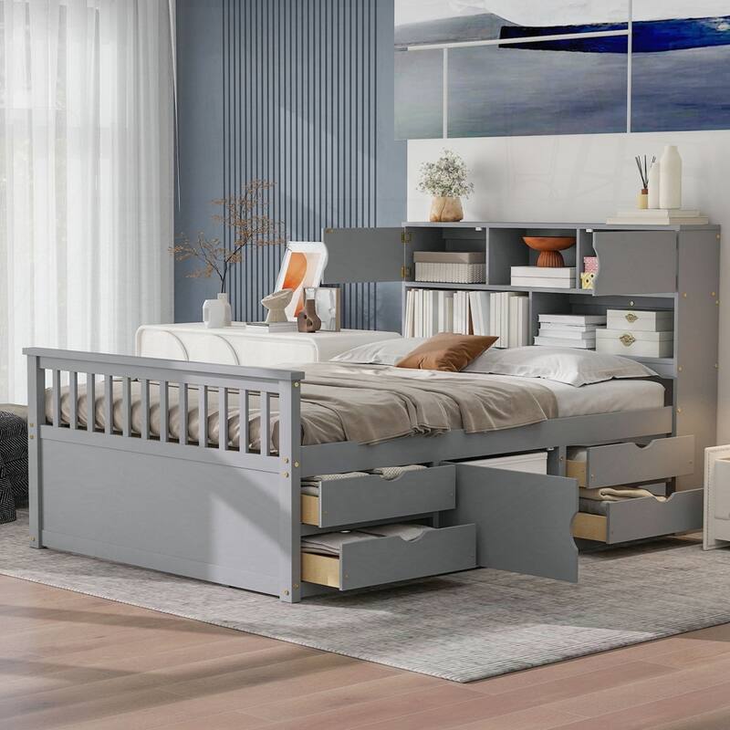 Captain Platform Bed Frame with Storage Bookcases and Shelves