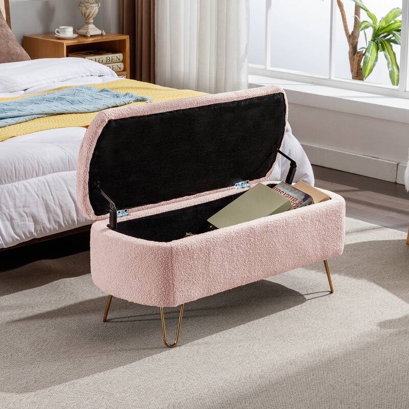 Modern Faux Fur Entryway Bench Upholstered Padded with Storage for Living Room Bedroom - Pink
