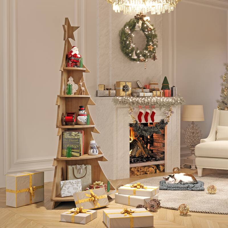 Bookshelf 5-Tier Corner Bookshelf, Solid Wood Bookcase - 71.1"