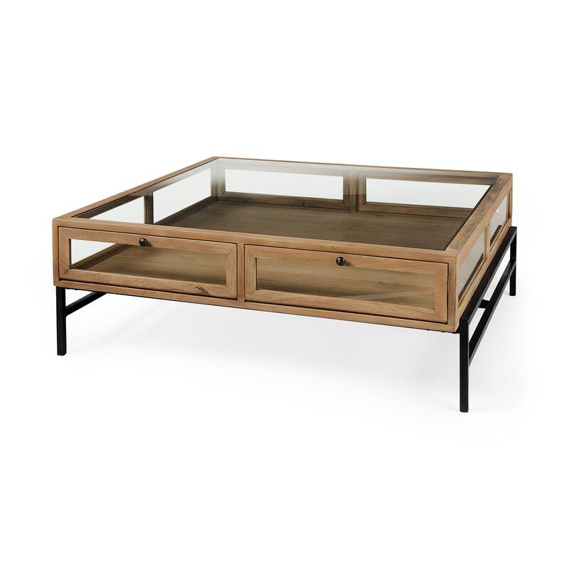 Arelius Light Brown Solid Wood w/ Black Iron Base Square Display Coffee Table