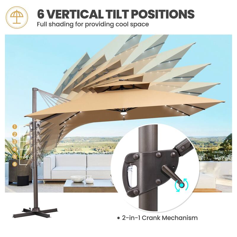 11 FT Aluminum Solar-Powered LED Light Patio Cantilever Umbrella with Base