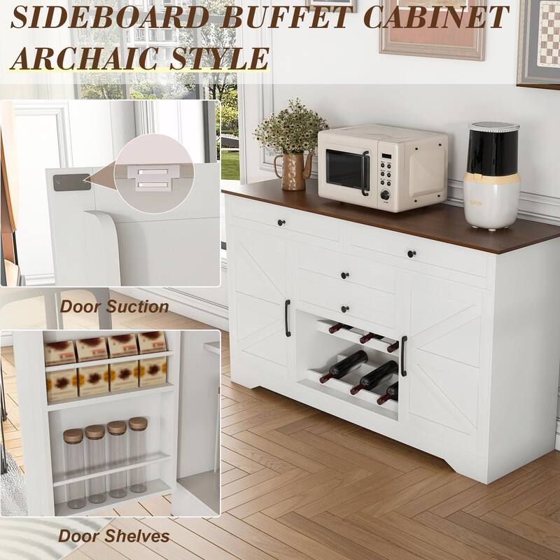 Farmhouse Buffet Sideboard with Storage, Drawers & Wine Rack