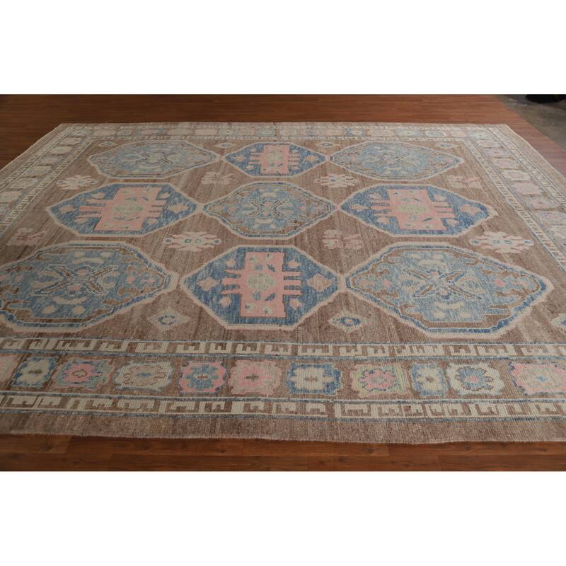 Hand Knotted Oriental 100% Wool Carpet Transitional All-Over Brown Oushak Area Rug - 12' 4'' X 9' 5''