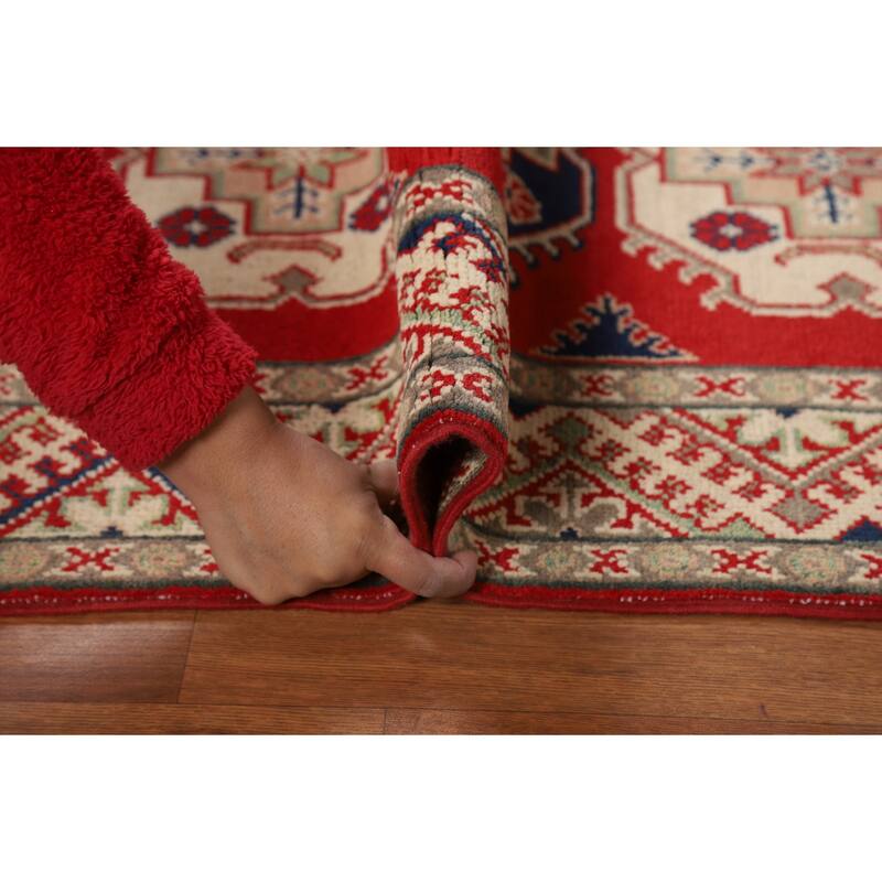 Geometric Kazak Foyer Rug Handmade Red Traditional Wool Carpet - 2'8"x 4'2"