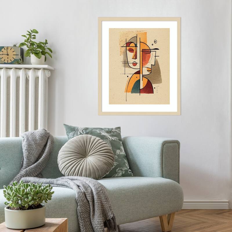 Picasso Style Cubist Faces Orange Teal Abstract Geometric by Tradelink inhouse artist Wood Framed Wall Art Print