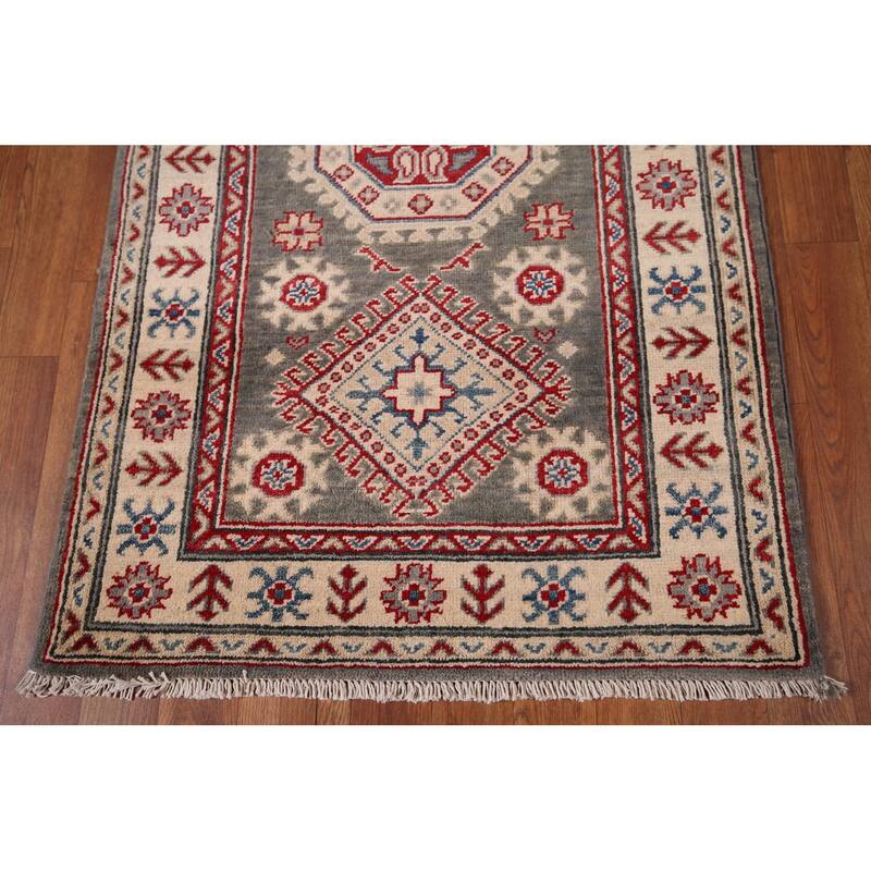 Gray Geometric Kazak Oriental Runner Rug Handmade Wool Carpet - 2'8" x 16'4"