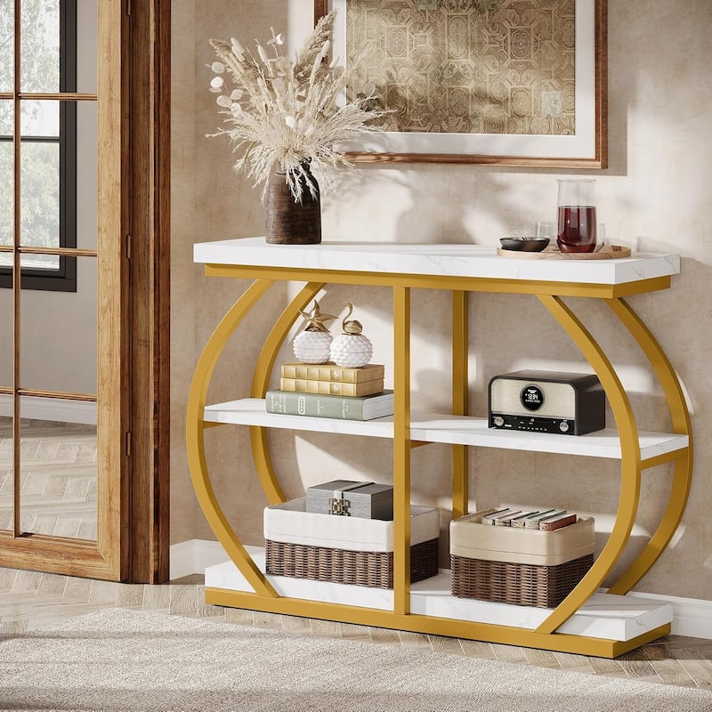 41.3 Inches Brown MDF Entryway Table, 3-Tier Industrial Console Table with Storage for Living Room