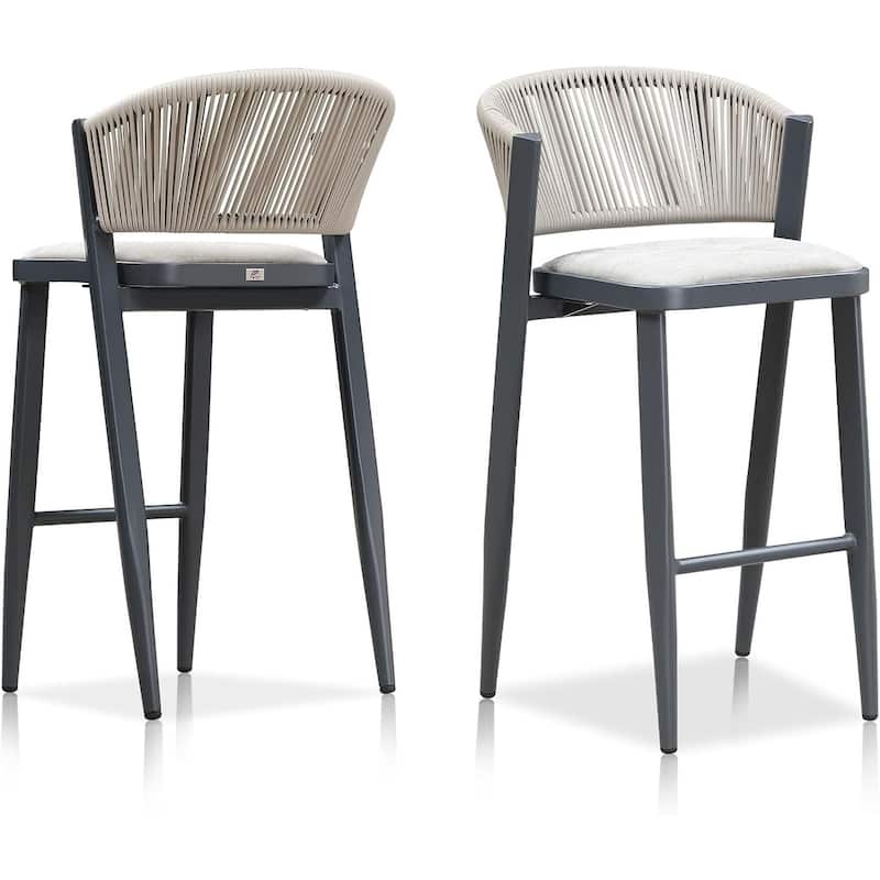 PURPLE LEAF Bar Stool Set of 2 Outdoor Rattan Bar Chair with Back Metal Bar Height Stool Wicker Barstool Dark Grey - N/A - BarHeight-Scallop Cushion