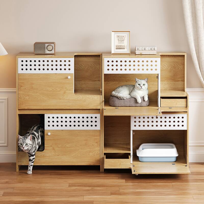 Roomfitters 2-Piece Modern 2 in 1 Cat Furniture Set, Cat Litter Box Enclosure Side Table with Storage Cat House