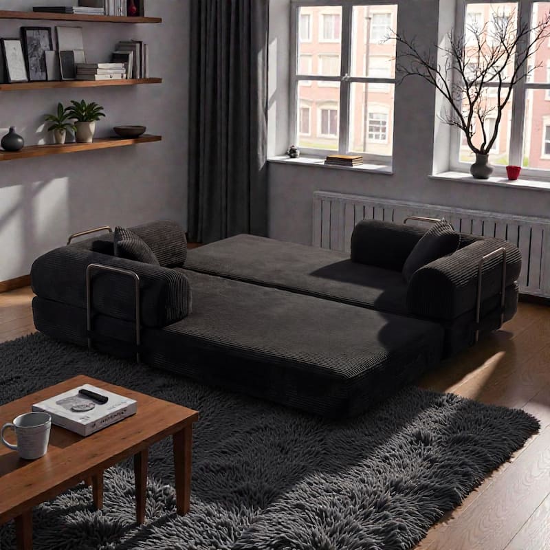 Compression Sofa Bed Convertible Floor Futon Couch, 2 Seat Boneless Modular Loveseat with Corduroy Fabric