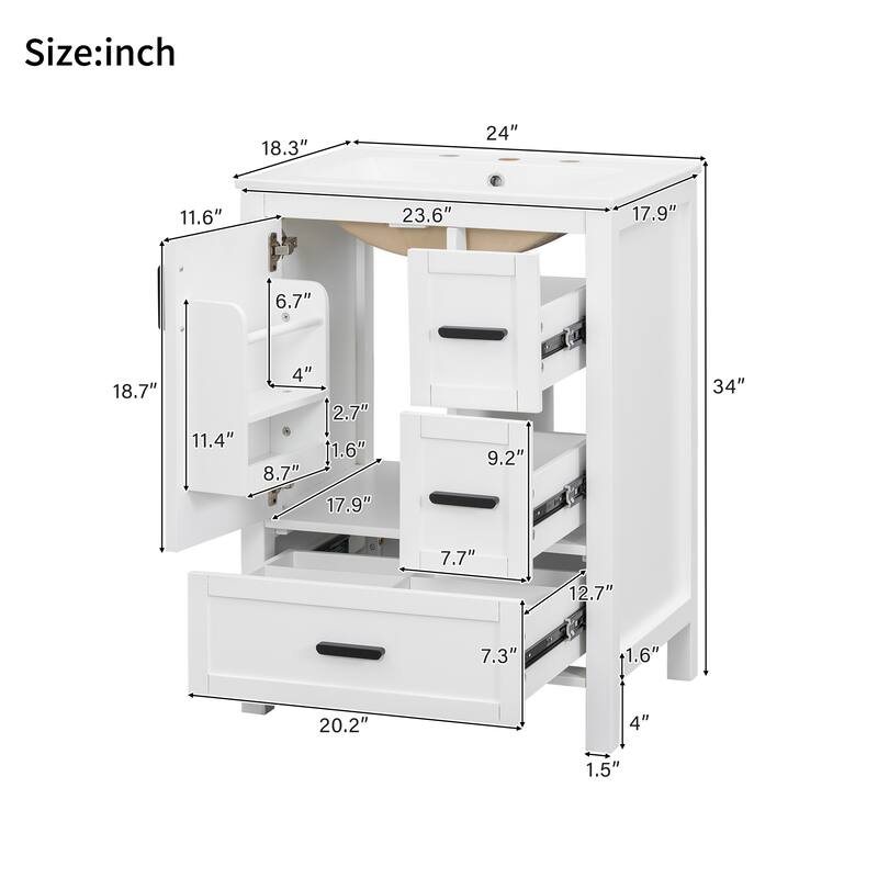 Modern 24-inch Bathroom Vanity with Ceramic Sink, Soft-Close Door, Double-Layer Door Shelf, and 3 Drawers