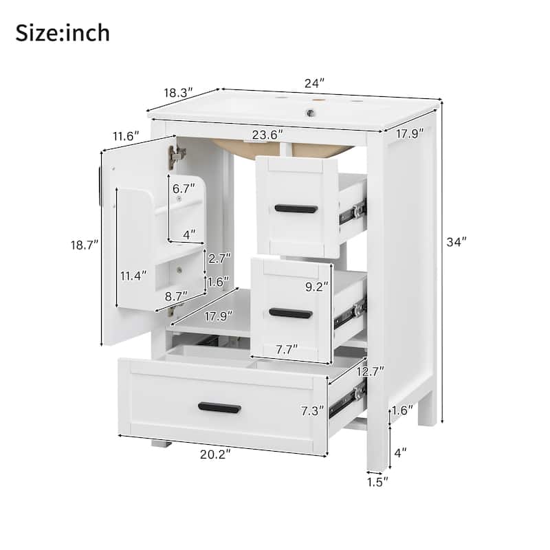 Solid Wood Frame Bathroom Vanity Cabinet with Ceramic Sink, Space-Saving 24-Inch Vanity