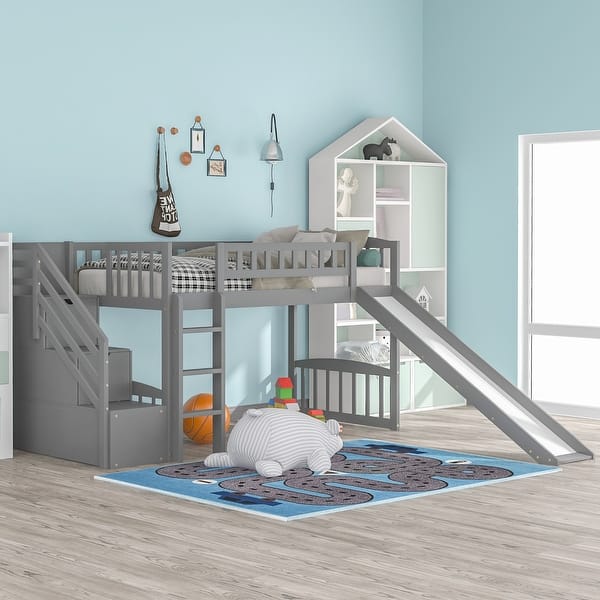 slide 2 of 15, Stairway Twin Size Loft Bed Wooden Kids Bed with Two Storage Drawers,Ladder,Guardrails and Slide Grey