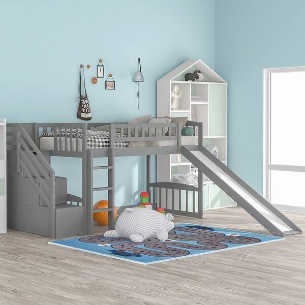 slide 2 of 9, Twin Size Loft Bed with Two Drawers, Slide, and Storage Steps Gray