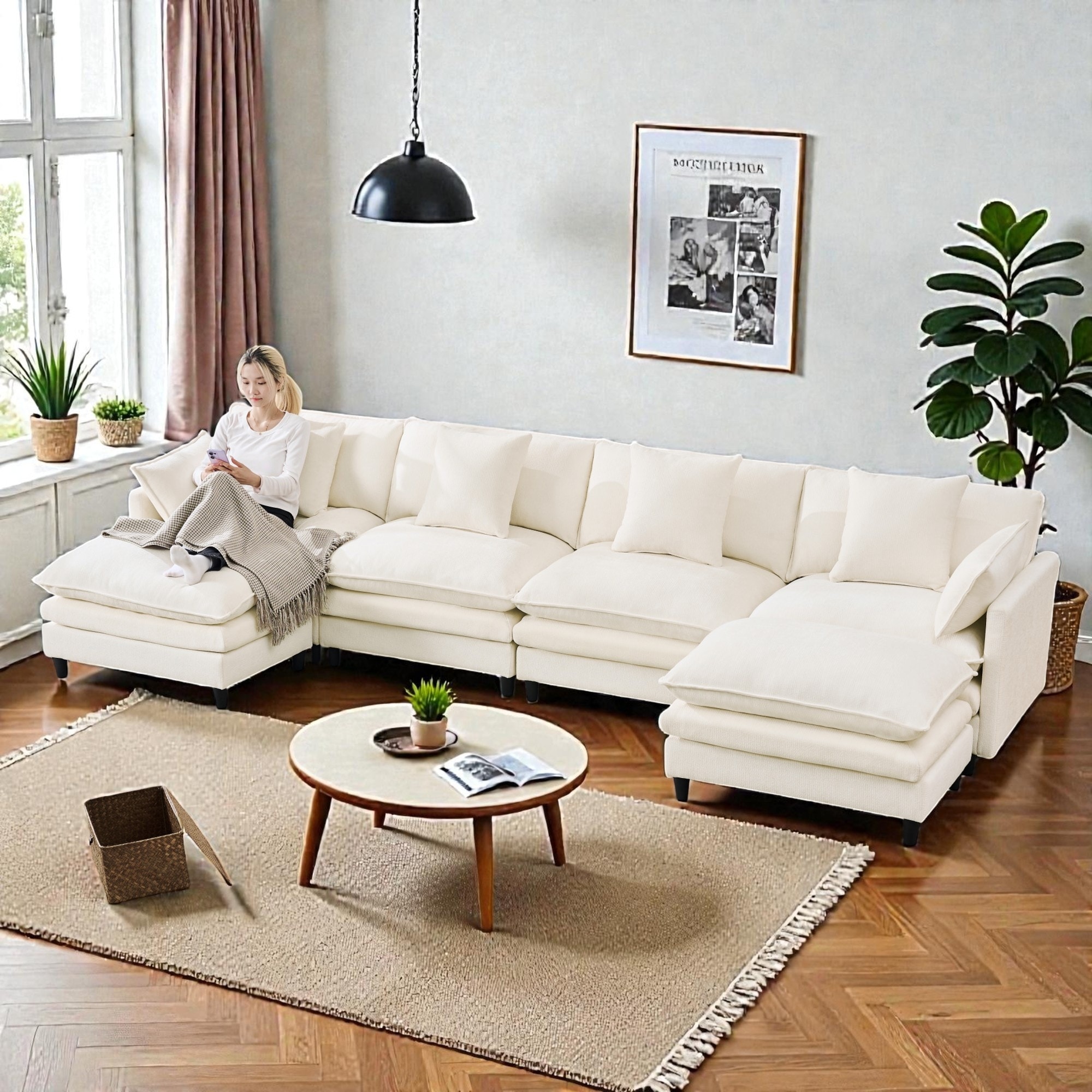 140.9" U-Shaped Modular Sectional Sofa with 2 Ottomans, Chenille Upholstery, Deep Seat Couch for Living Room